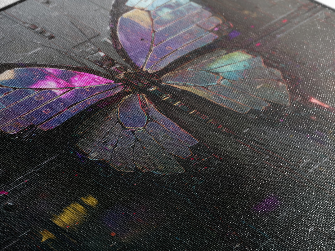 Holographic Butterfly over Black Metal Surface Framed Canvas Print, Cyberpunk Art, Man Cave Decor, Living Room Decor, Neon, CYB-1x1-43