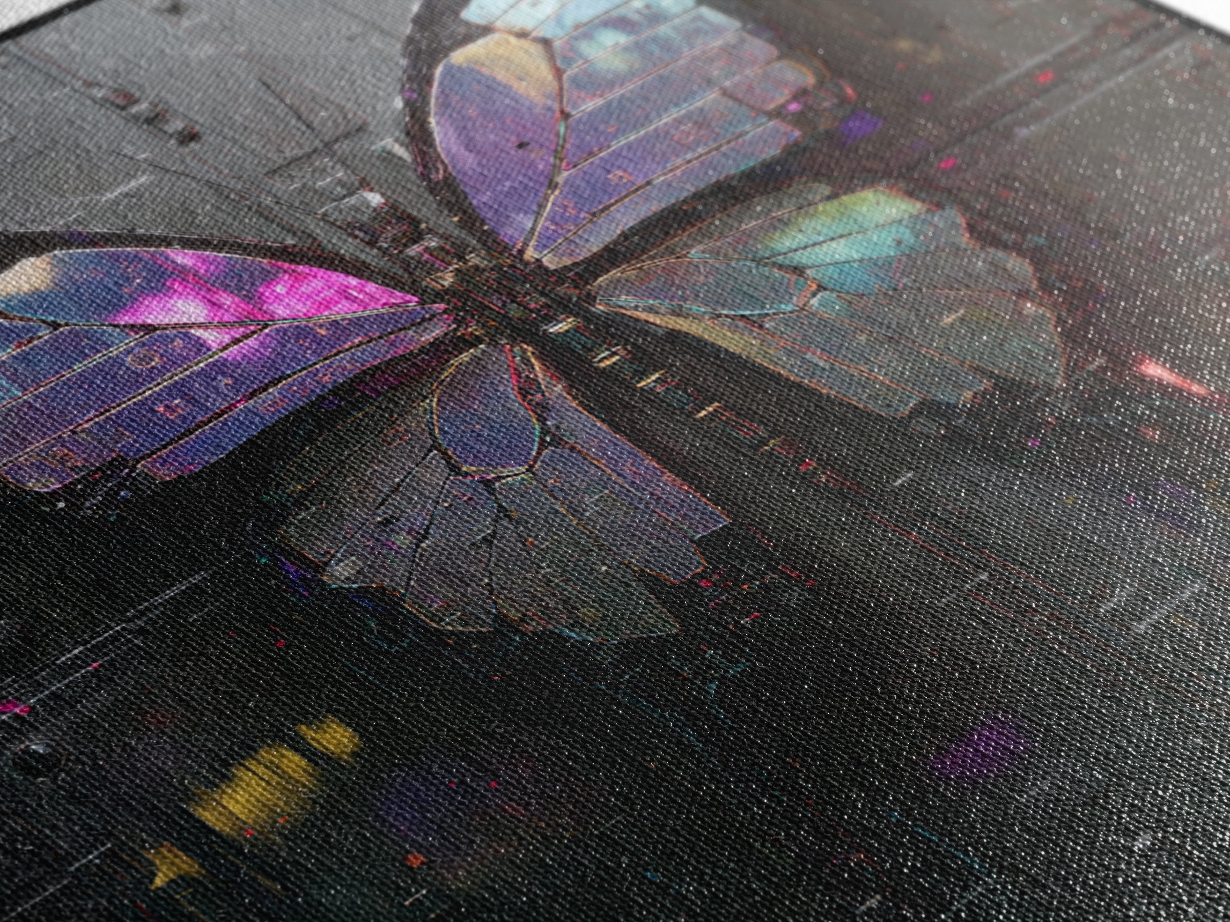 Holographic Butterfly over Black Metal Surface Framed Canvas Print, Cyberpunk Art, Man Cave Decor, Living Room Decor, Neon, CYB-1x1-43