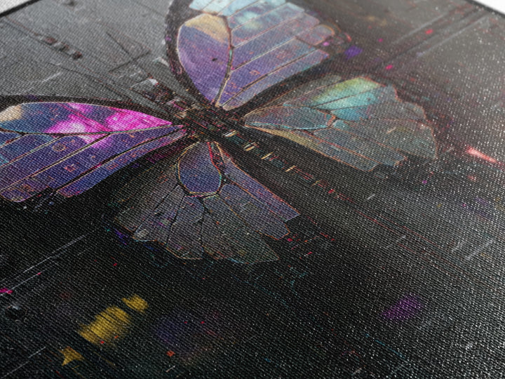 Holographic Butterfly over Black Metal Surface Framed Canvas Print, Cyberpunk Art, Man Cave Decor, Living Room Decor, Neon, CYB-1x1-43