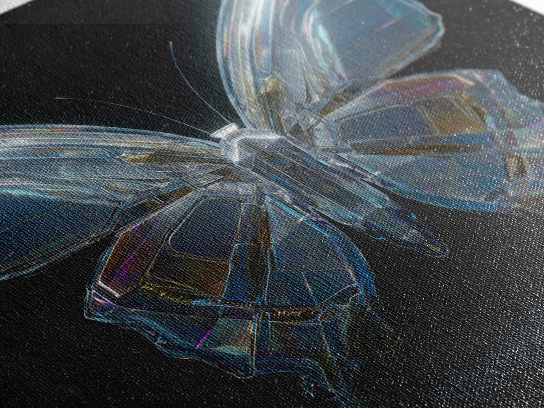 Holographic Butterfly over Black Metal Surface Framed Canvas Print, Cyberpunk Art, Modern Decor, Living Room Decor, Neon, CYB-1x1-67
