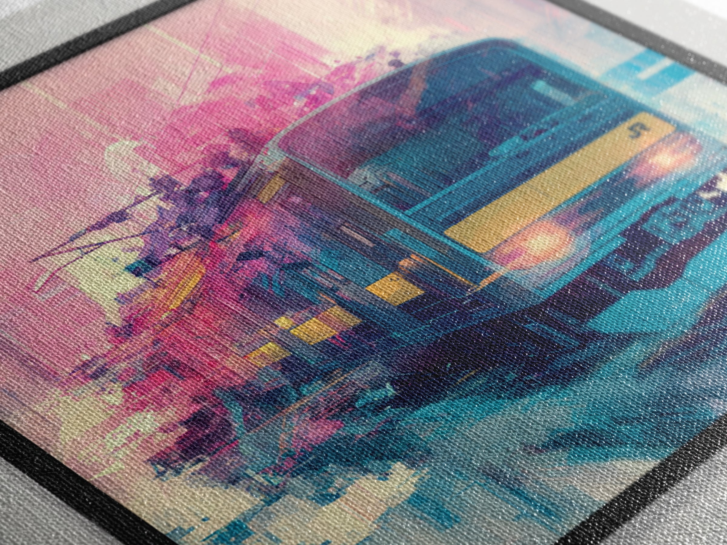 City Train Rushing Through Pink Electric Haze Canvas Print, Cyberpunk Art, Minimalist Decor, Living Room Decor, Fine Art, Neon, CYB-1x1-85