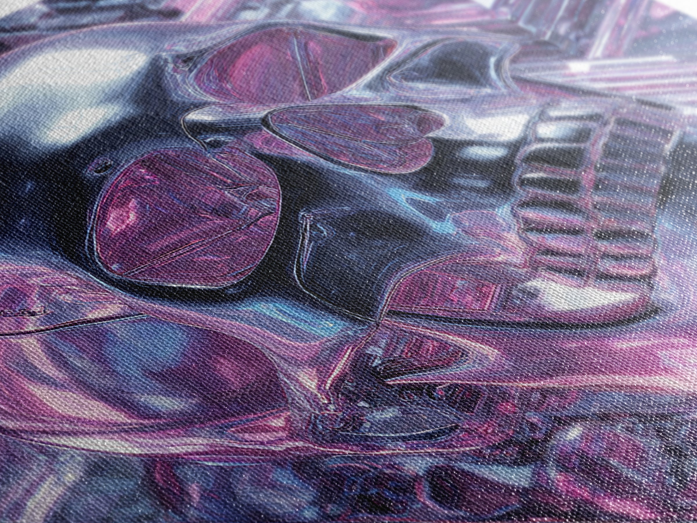 Cyberpunk Skull with Chrome and Violet Light Canvas Print, Cyberpunk Art, Cyberpunk Tarot, Living Room Decor, Fine Art, Neon, CYB-1x1-92
