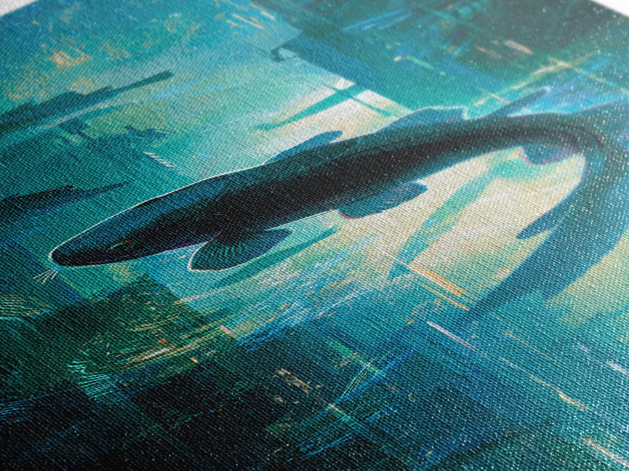 Cyberpunk Koi Swimming Through Electric Blue Water Canvas Print, Cyberpunk Art, Poster, Living Room Decor, Fine Art, Neon, CYB-1x3-17