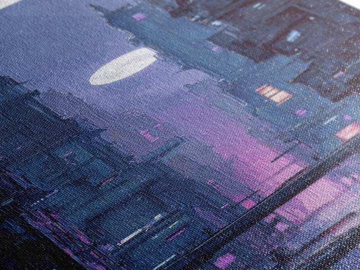 Dystopian Moon over Dense Rooftops Framed Canvas Print, Cyberpunk Art, Fantasy Art, Living Room Decor, Oil Painting, Neon, CYB-1x3-30