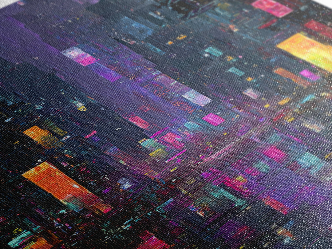 Neon Skyline Reflected Framed Canvas Print, Cyberpunk Art, Modern Wall Decor, Living Room Decor, Abstract Art, Neon, CYB-1x3-34