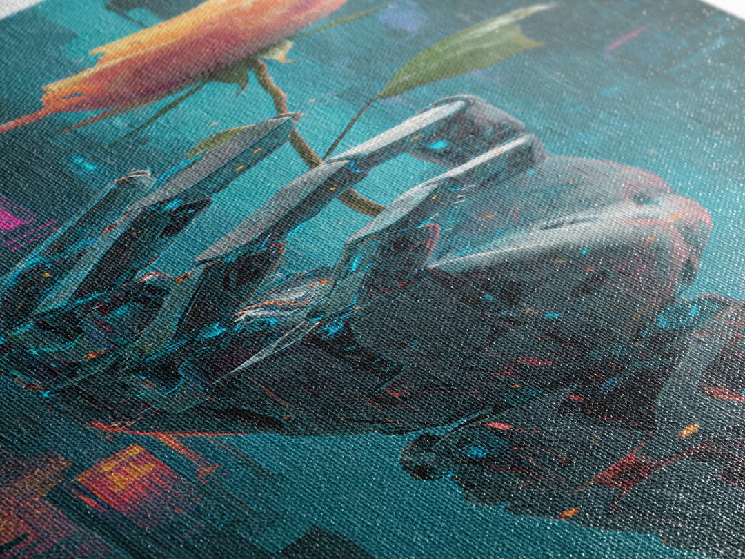 Robotic Hand Holding a Real Rose Framed Canvas Print, Cyberpunk Art, Minimalist Decor, Living Room Decor, Fine Art, Neon, CYB-1x3-4