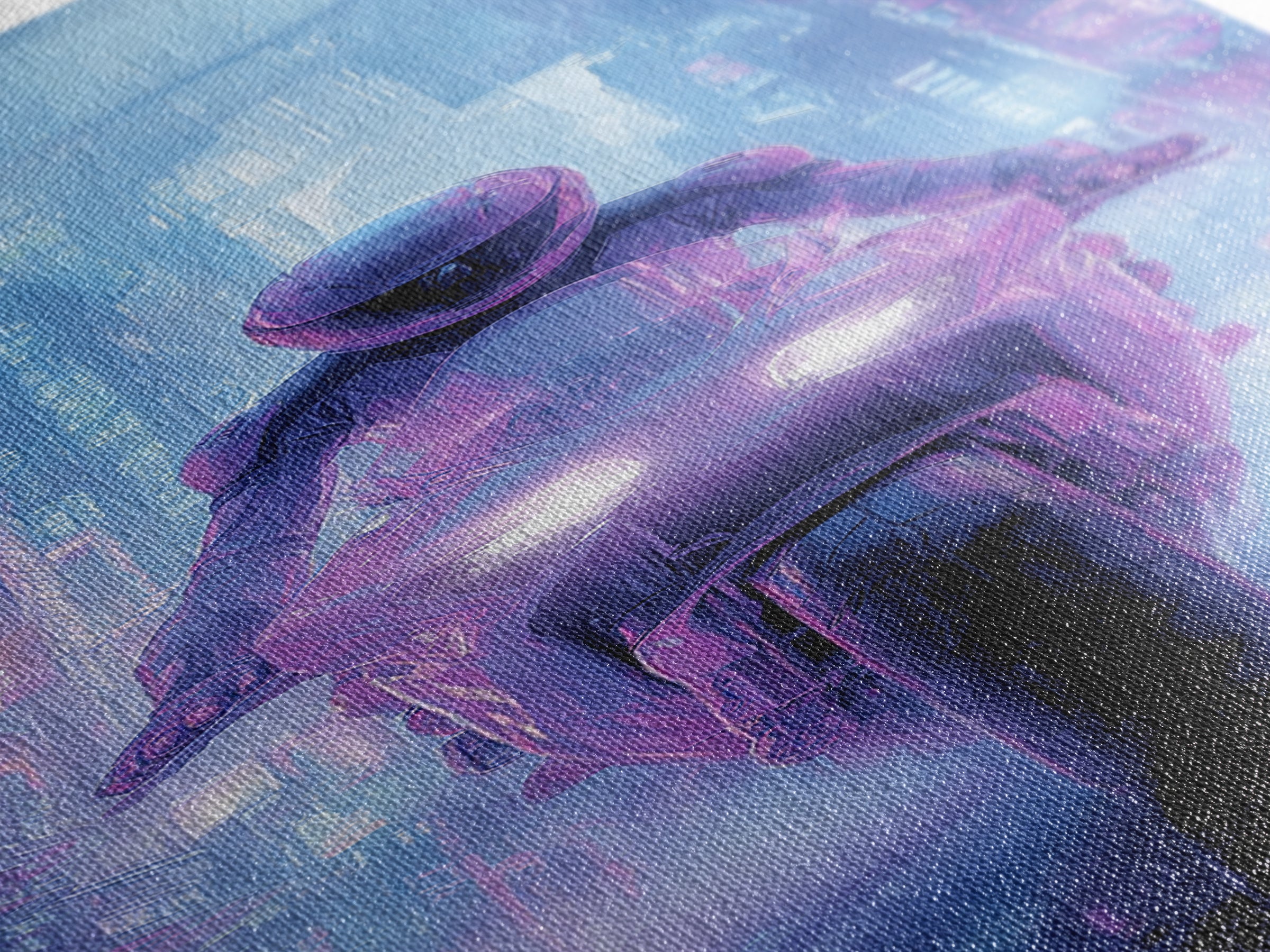 Motorcycle Rider under Holographic Signs Canvas Print, Cyberpunk Art, Abstract Art, Living Room Decor, Fine Art, Neon, CYB-1x3-40