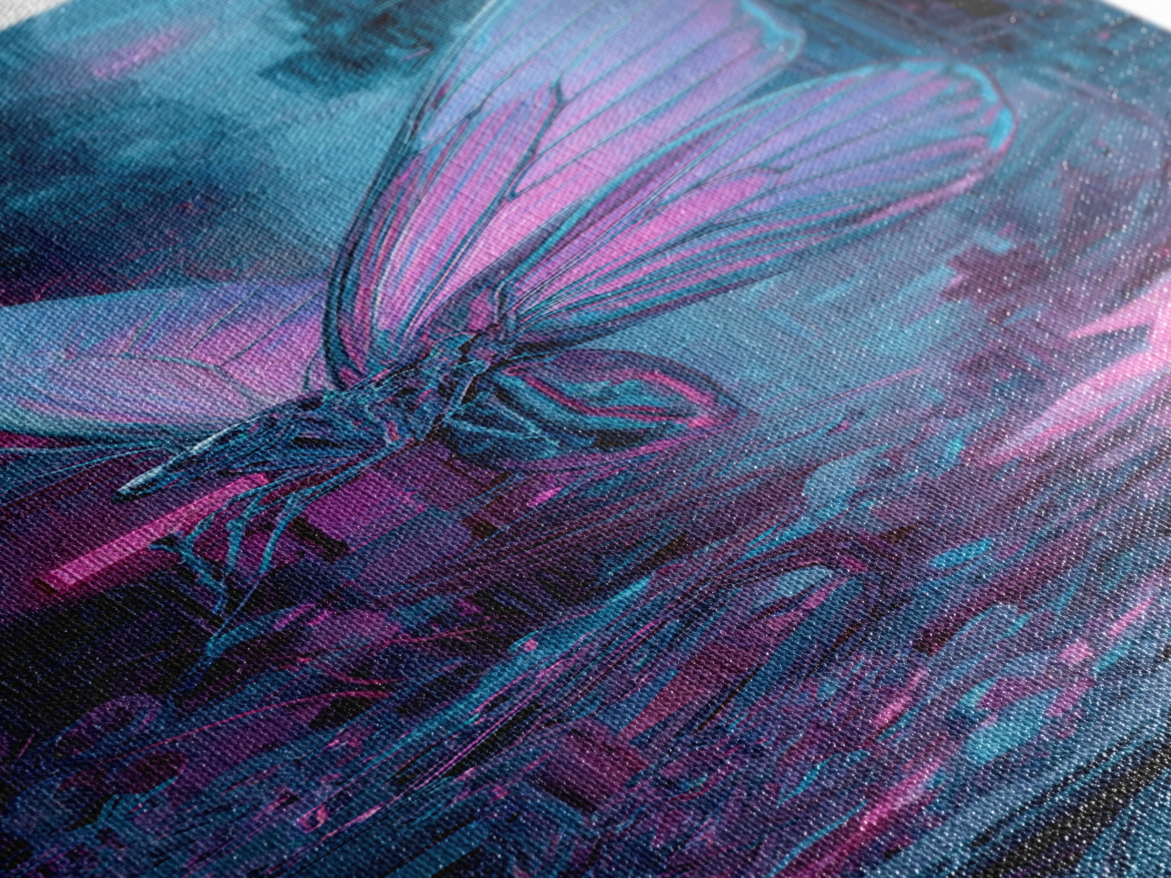 Holographic Butterfly over Black Metal Surface Canvas Print, Cyberpunk Art, Man Cave Decor, Living Room Decor, Fine Art, Neon, CYB-1x3-55