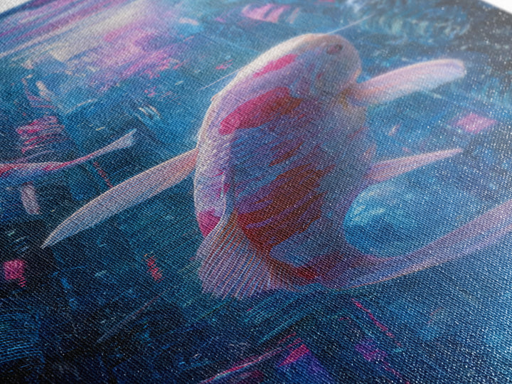 Cyberpunk Koi Swimming Through Electric Blue Water Canvas Print, Cyberpunk Art, Art Print, Living Room Decor, Fine Art, Neon, CYB-1x3-65