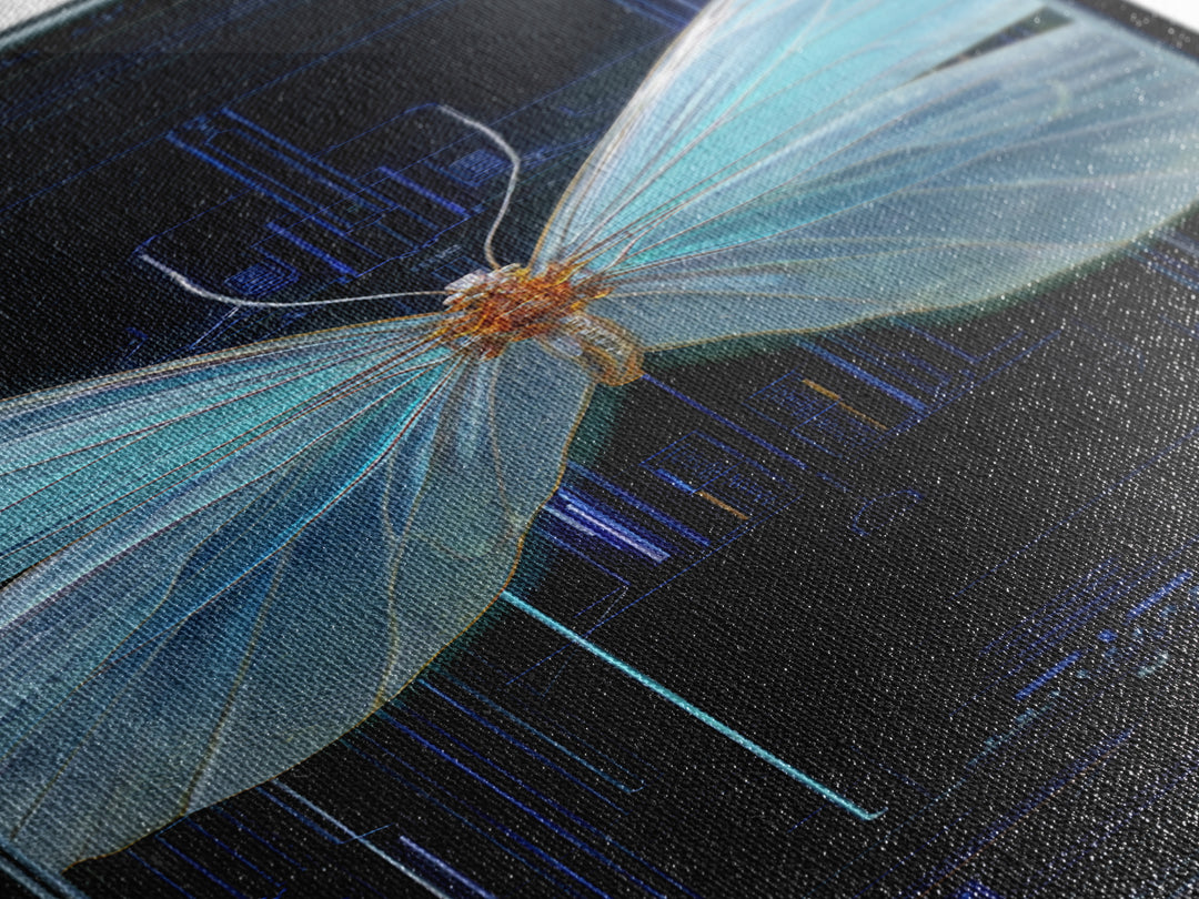 Holographic Butterfly over Black Metal Surface Canvas Print, Cyberpunk Art, Gothic Decor, Living Room Decor, Oil Painting, Neon, CYB-1x3-7