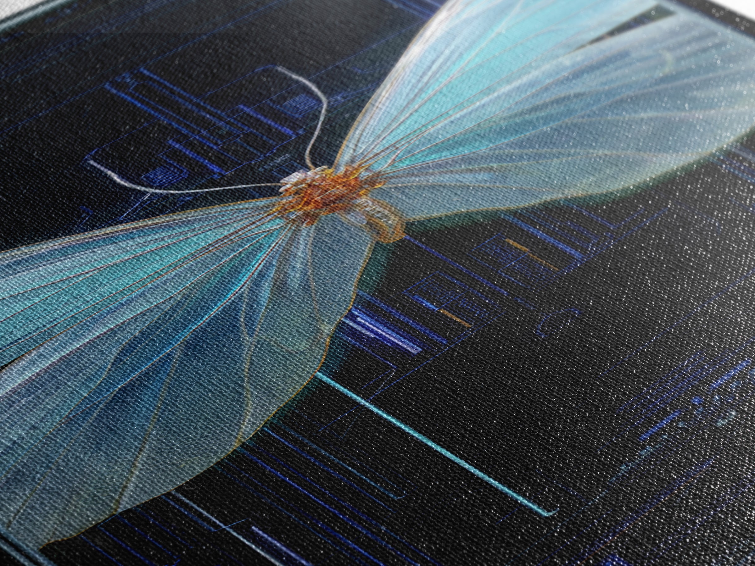 Holographic Butterfly over Black Metal Surface Canvas Print, Cyberpunk Art, Gothic Decor, Living Room Decor, Oil Painting, Neon, CYB-1x3-7