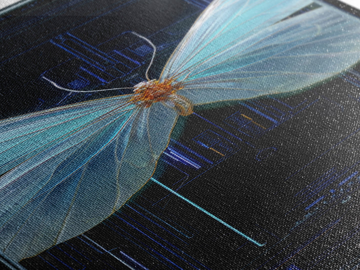 Holographic Butterfly over Black Metal Surface Canvas Print, Cyberpunk Art, Gothic Decor, Living Room Decor, Oil Painting, Neon, CYB-1x3-7