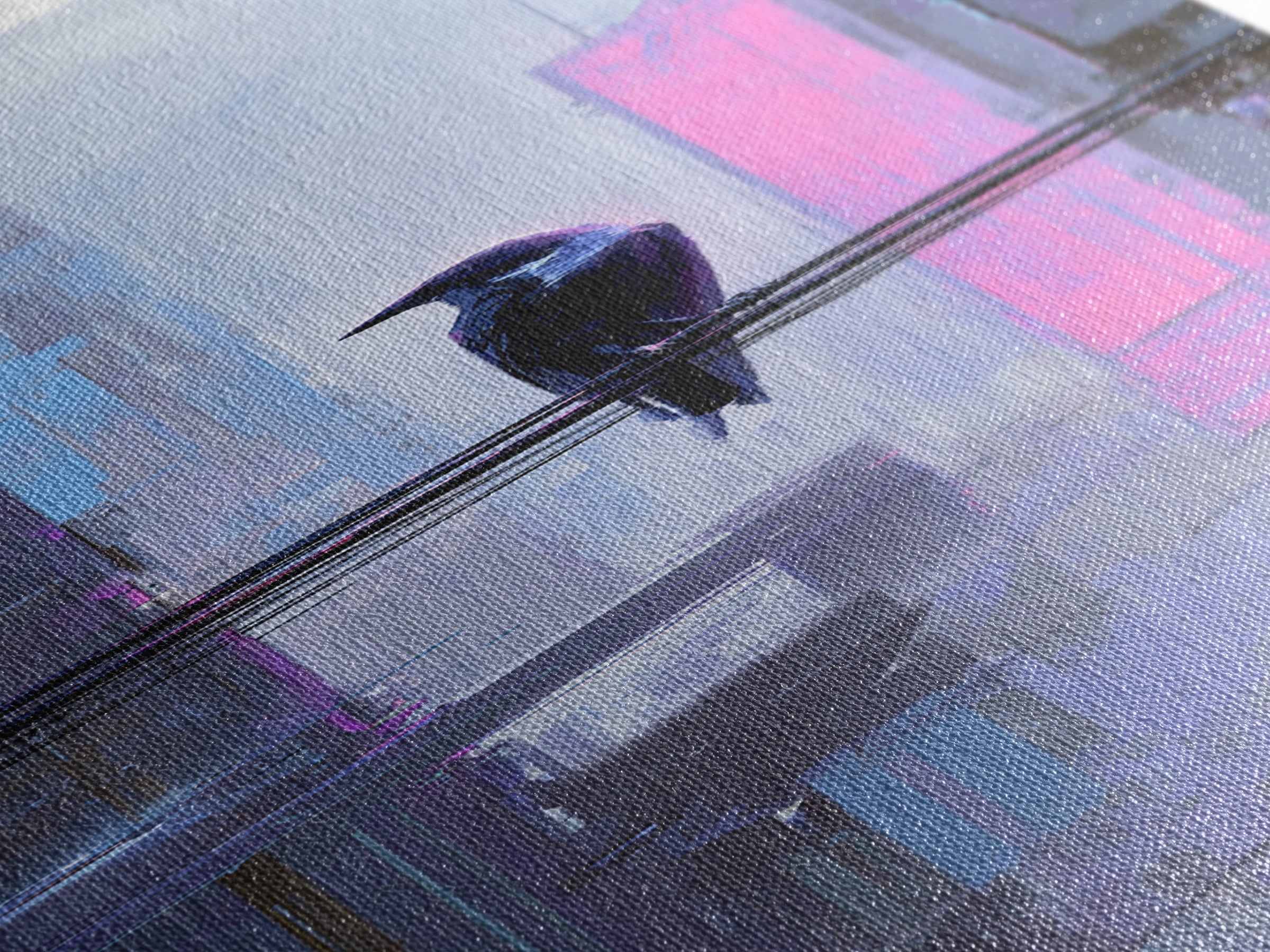 Cybernetic Raven Perched on a Cable Framed Canvas Print, Cyberpunk Art, Gallery Decor, Living Room Decor, Fine Art, Neon, CYB-1x3-71