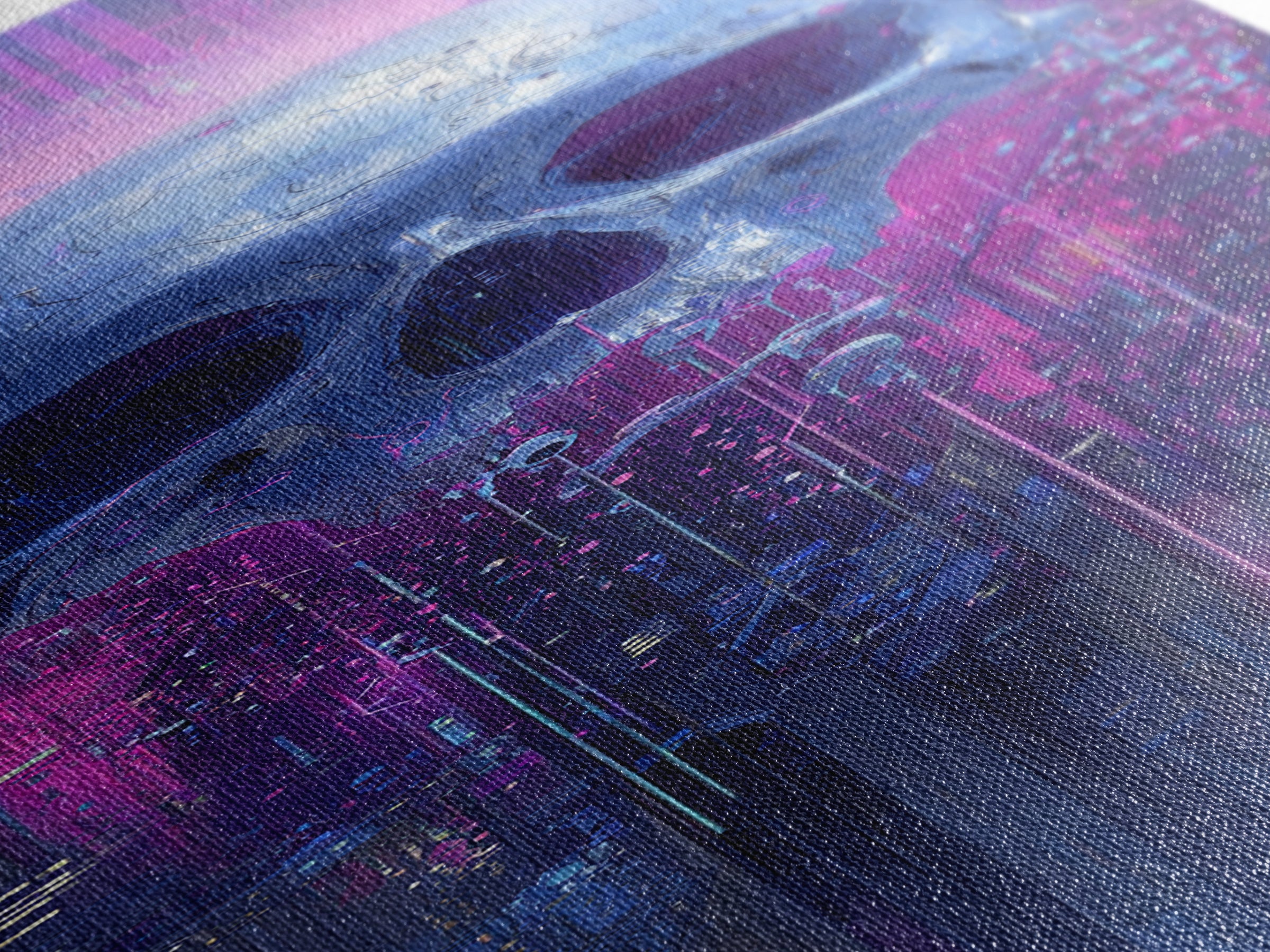 Cyberpunk Skull with Chrome and Violet Light Framed Canvas Print, Cyberpunk Art, Contemporary Art, Living Room Decor, Neon, CYB-1x3-8