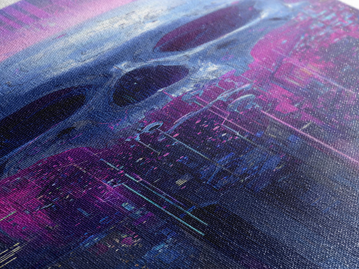 Cyberpunk Skull with Chrome and Violet Light Framed Canvas Print, Cyberpunk Art, Contemporary Art, Living Room Decor, Neon, CYB-1x3-8