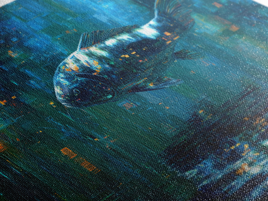 Cyberpunk Koi Swimming Through Electric Blue Water Framed Canvas Print, Cyberpunk Art, Cyberpunk 2077, Living Room Decor, Neon, CYB-2x1-1