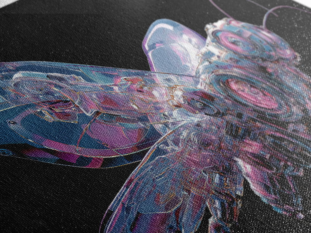 Holographic Butterfly over Black Metal Surface Canvas Print, Cyberpunk Art, Printable Wall Art, Living Room Decor, Neon, CYB-2x1-39