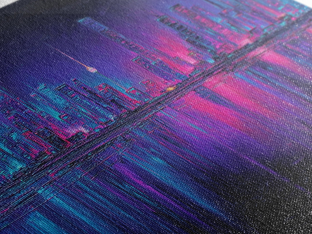 Neon Skyline Reflected Framed Canvas Print, Cyberpunk Art, Room Decor, Living Room Decor, Abstract Art, Neon 142, Cyberpunk, CYB-2x1-42