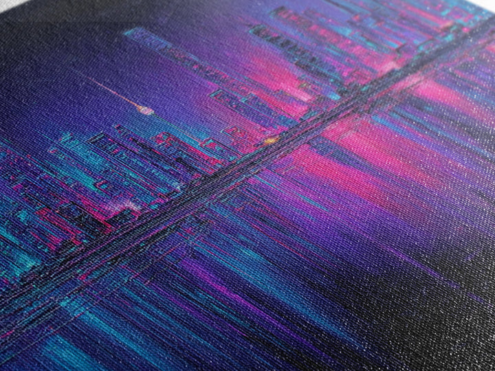 Neon Skyline Reflected Framed Canvas Print, Cyberpunk Art, Room Decor, Living Room Decor, Abstract Art, Neon 142, Cyberpunk, CYB-2x1-42