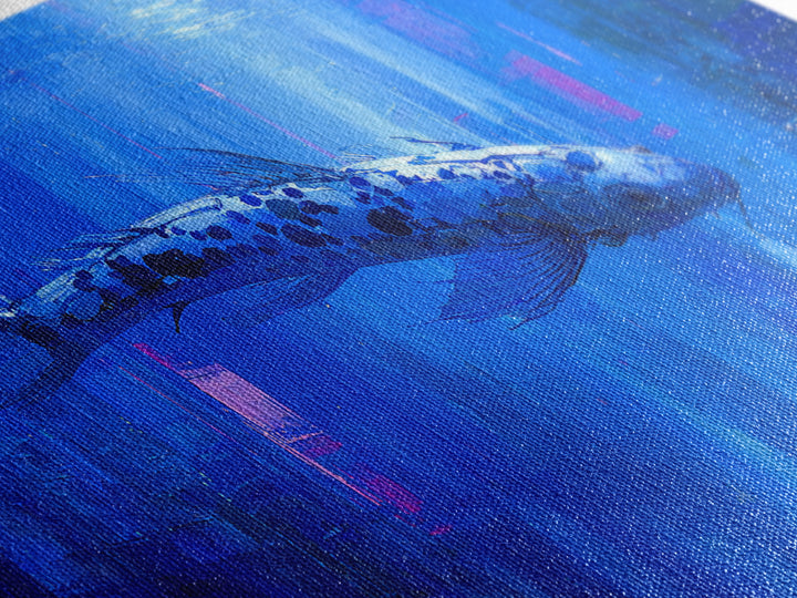 Cyberpunk Koi Swimming Through Electric Blue Water Canvas Print, Cyberpunk Art, Japanese Wall Art, Living Room Decor, Neon, CYB-2x1-49