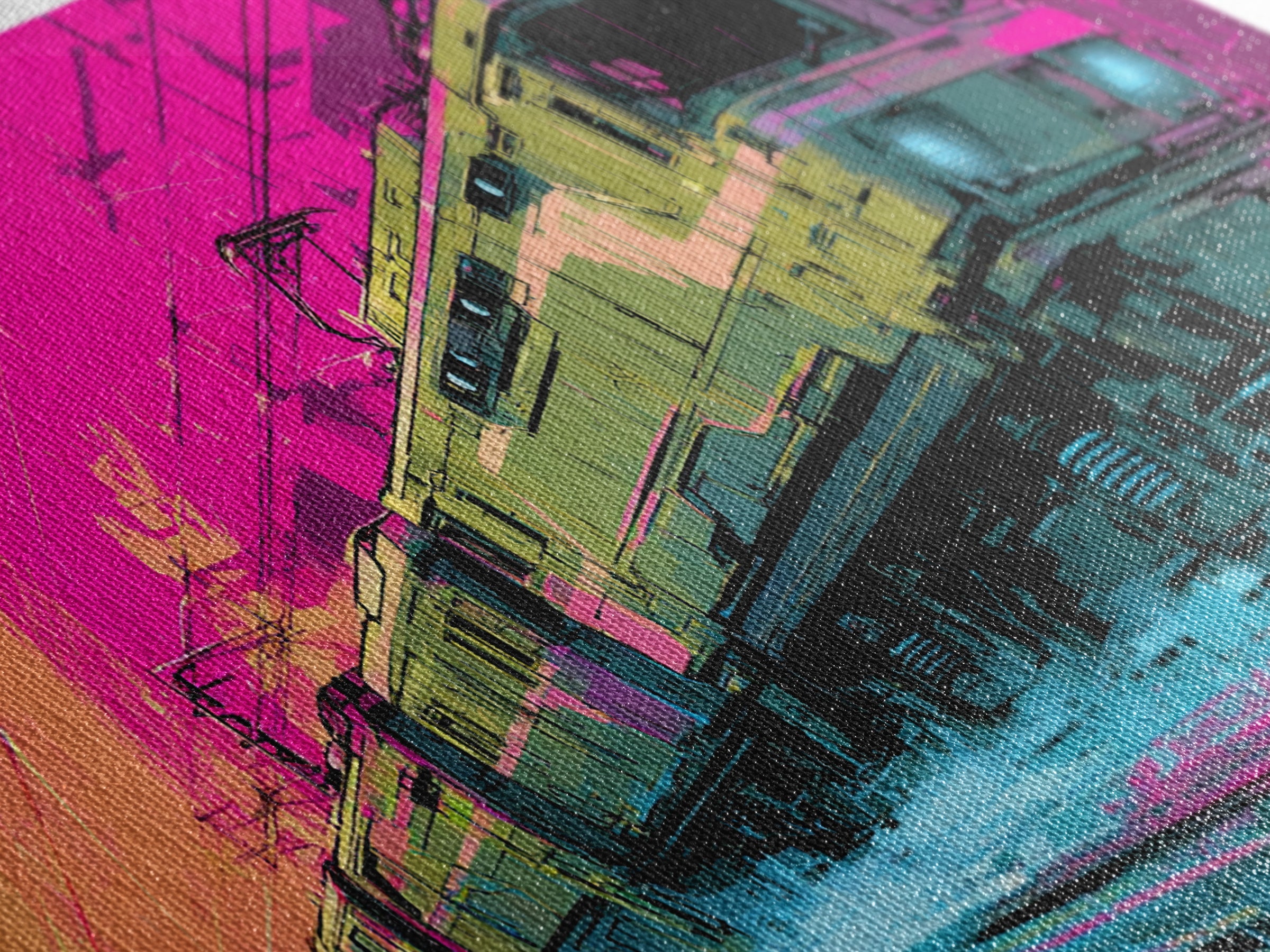 City Train Rushing Through Pink Electric Haze Canvas Print, Cyberpunk Art, Gothic Decor, Living Room Decor, Fine Art, Neon, CYB-2x1-57
