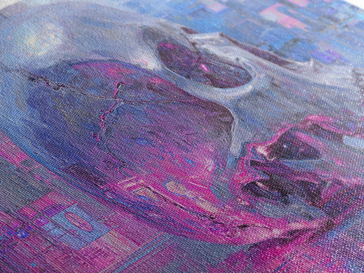 Cyberpunk Skull with Chrome and Violet Light Canvas Print, Cyberpunk Art, Cyberpunk 2077, Living Room Decor, Fine Art, Neon, CYB-2x1-64