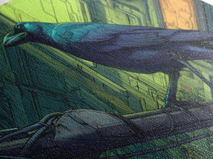 Cybernetic Raven Perched on a Cable Framed Canvas Print, Cyberpunk Art, Art Print, Living Room Decor, Fine Art, Neon, CYB-2x1-7