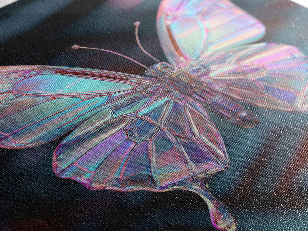 Holographic Butterfly over Black Metal Surface Canvas Print, Cyberpunk Art, Home Decor, Living Room Decor, Fine Art, Neon, CYB-2x3-27