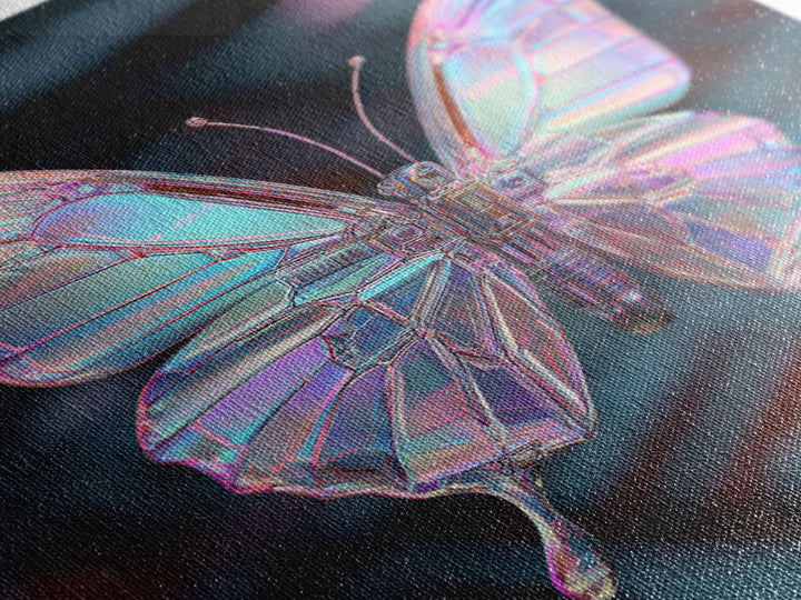 Holographic Butterfly over Black Metal Surface Canvas Print, Cyberpunk Art, Home Decor, Living Room Decor, Fine Art, Neon, CYB-2x3-27