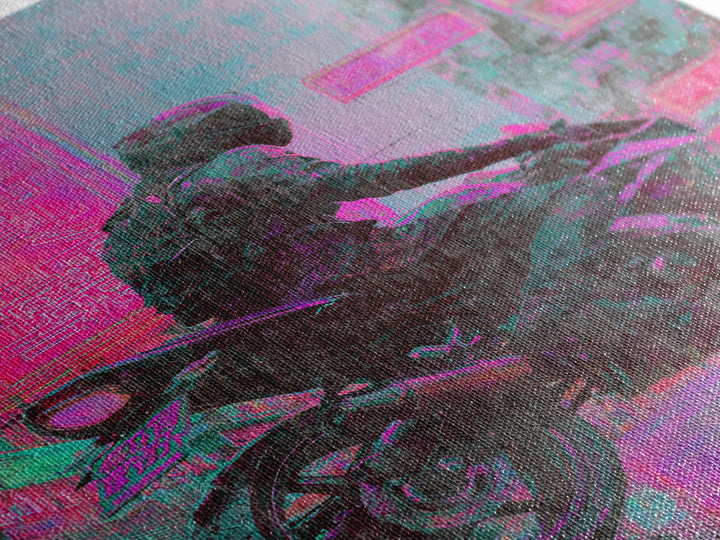 Motorcycle Rider under Holographic Signs Framed Canvas Print, Cyberpunk Art, Gothic Decor, Living Room Decor, Fine Art, Neon, CYB-2x3-60
