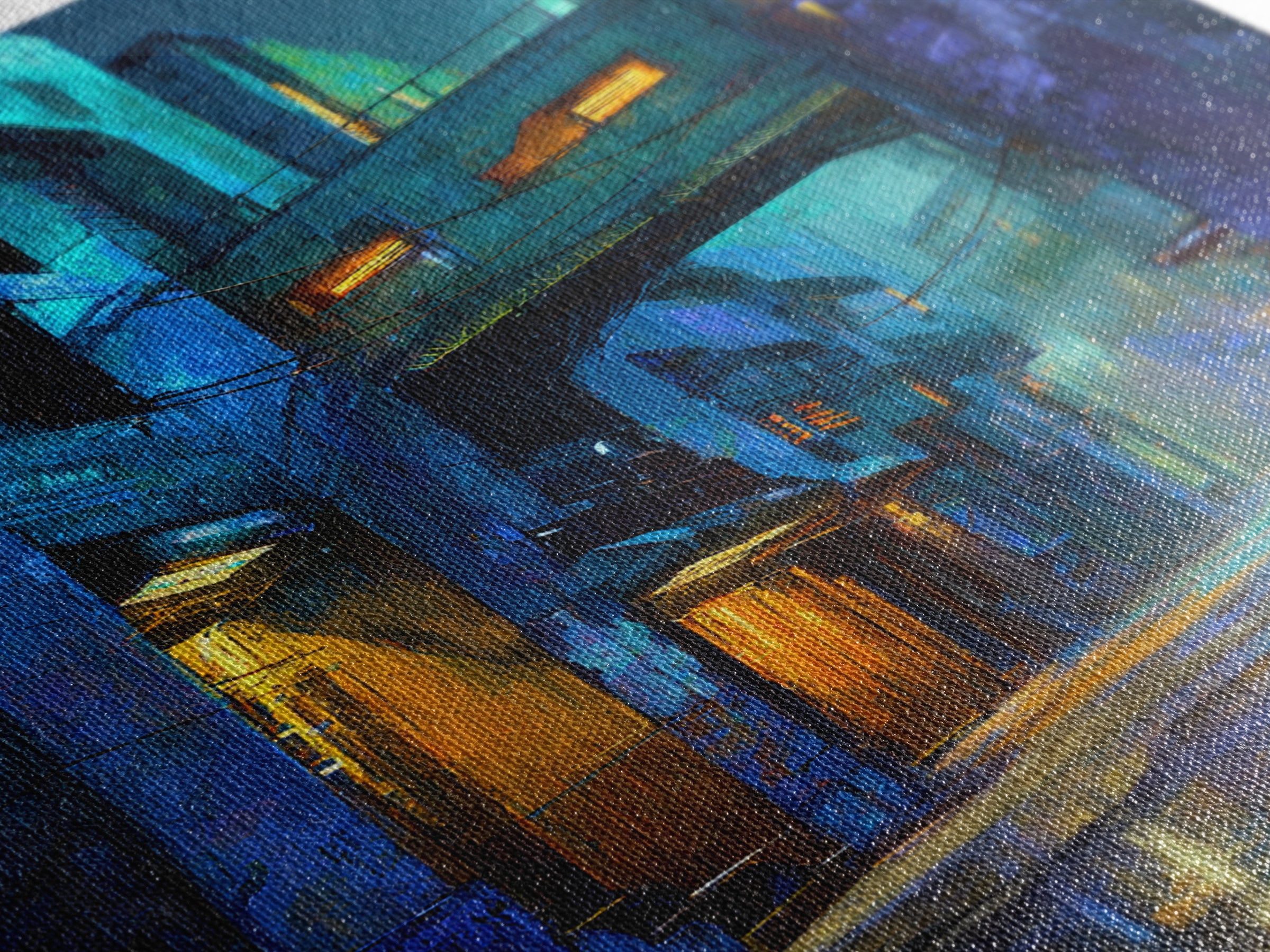 Rain Soaked Alley Framed Canvas Print, Cyberpunk Art, Art Print, Living Room Decor, Abstract Art, Neon, Blue Wall Art, CYB-2x3-64