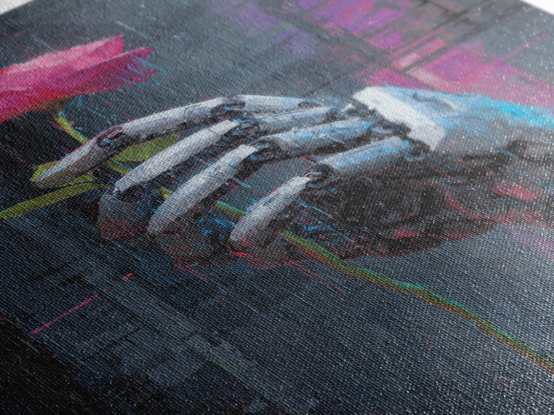 Robotic Hand Holding a Real Rose Canvas Print, Cyberpunk Art, Printable Wall Art, Living Room Decor, Oil Painting, Neon, CYB-2x3-72