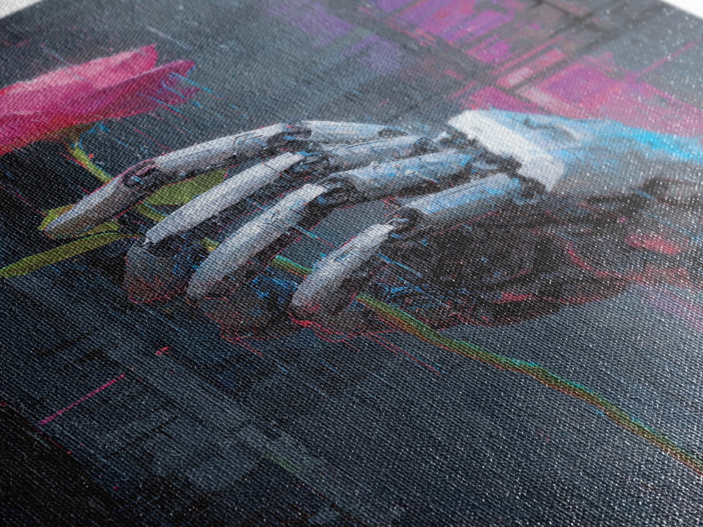 Robotic Hand Holding a Real Rose Canvas Print, Cyberpunk Art, Printable Wall Art, Living Room Decor, Oil Painting, Neon, CYB-2x3-72