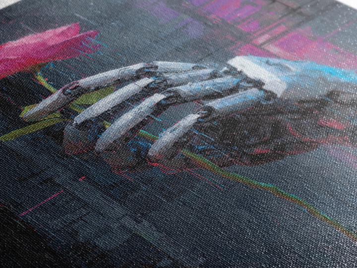 Robotic Hand Holding a Real Rose Canvas Print, Cyberpunk Art, Printable Wall Art, Living Room Decor, Oil Painting, Neon, CYB-2x3-72