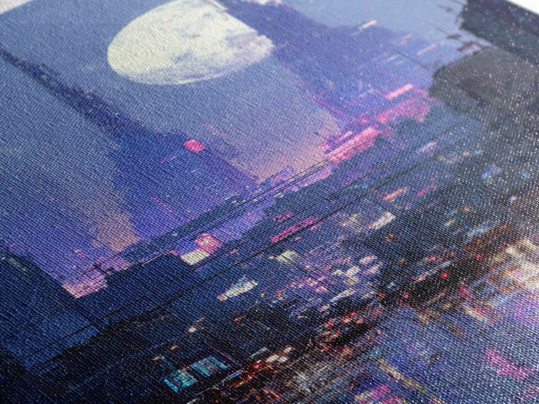 Dystopian Moon over Dense Rooftops Framed Canvas Print, Cyberpunk Art, Digital Wall Art, Living Room Decor, Watercolor Art, CYB-2x3-74