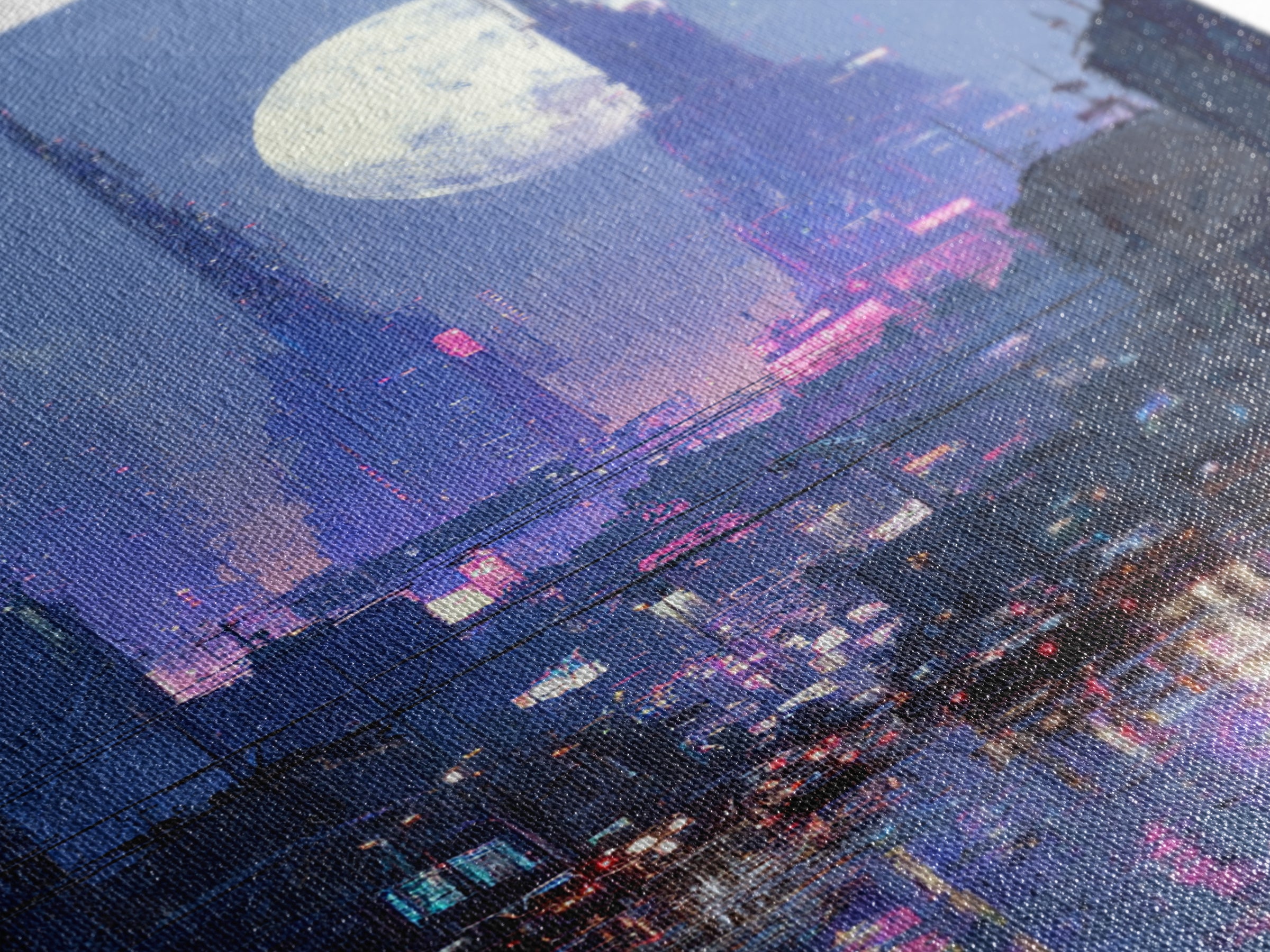 Dystopian Moon over Dense Rooftops Framed Canvas Print, Cyberpunk Art, Digital Wall Art, Living Room Decor, Watercolor Art, CYB-2x3-74