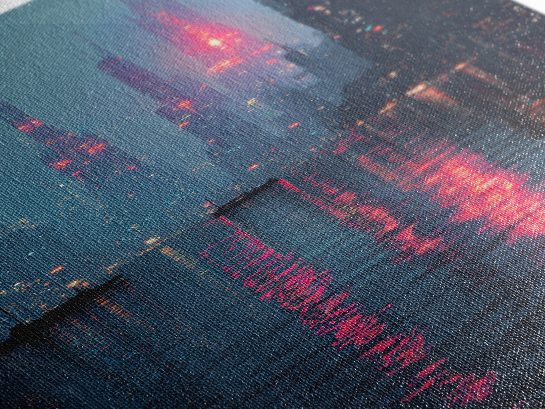 Neon Skyline Reflected Framed Canvas Print, Cyberpunk Art, Gothic Decor, Living Room Decor, Abstract Art, Neon, CYB-2x3-78