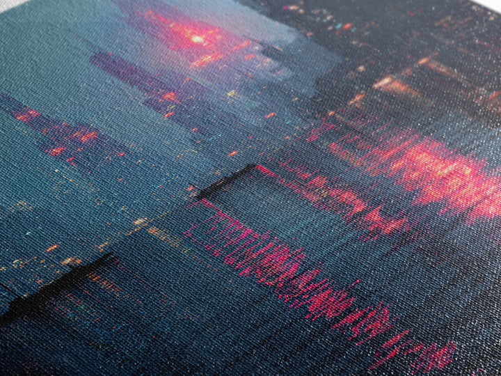 Neon Skyline Reflected Framed Canvas Print, Cyberpunk Art, Gothic Decor, Living Room Decor, Abstract Art, Neon, CYB-2x3-78