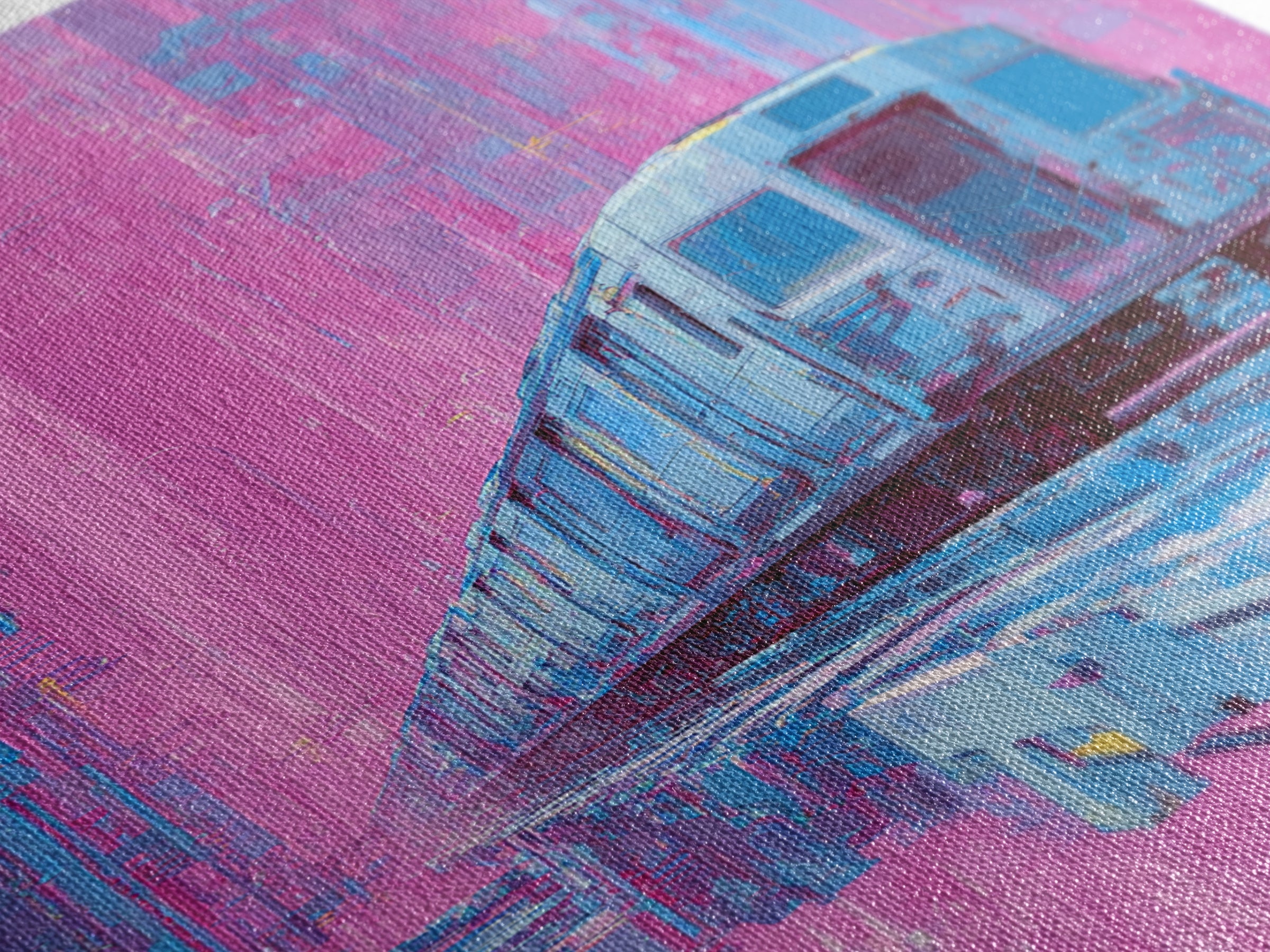 City Train Rushing Through Pink Electric Haze Framed Canvas Print, Cyberpunk Art, Cool Wall Art, Living Room Decor, Neon, CYB-2x3-93