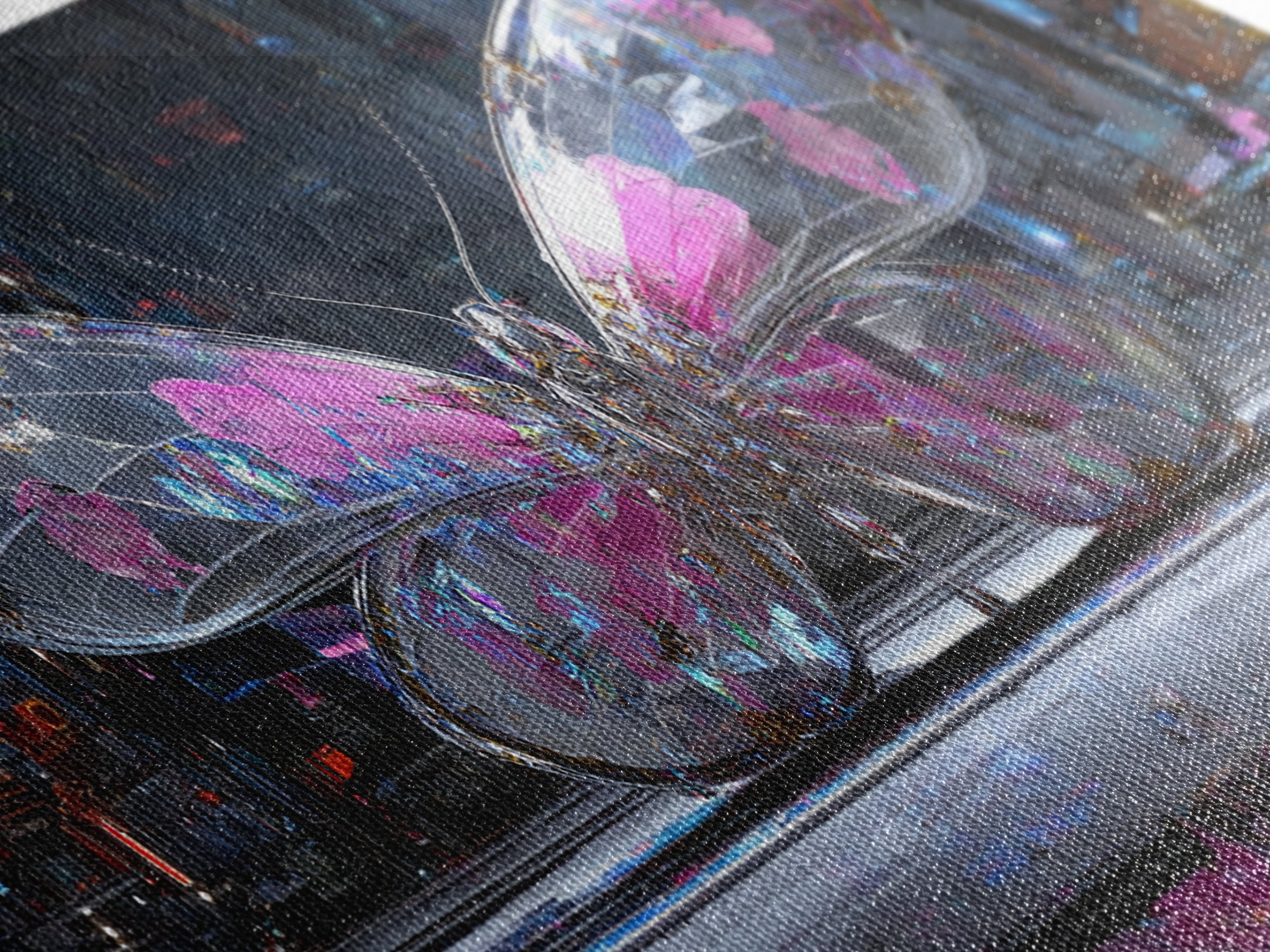 Holographic Butterfly over Black Metal Surface Canvas Print, Cyberpunk Art, Modern Wall Decor, Living Room Decor, Neon, CYB-3x1-11