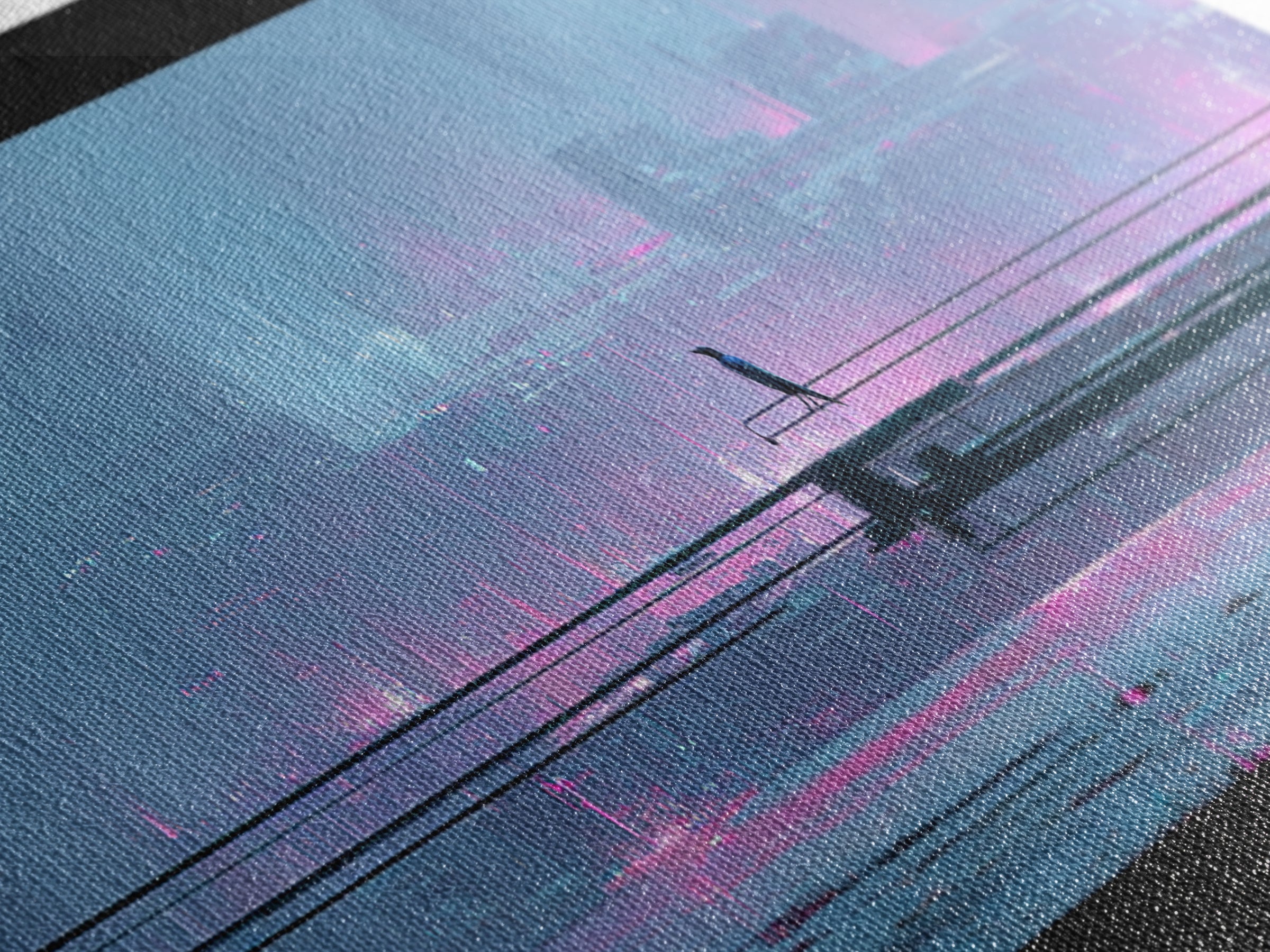 Cybernetic Raven Perched on a Cable Framed Canvas Print, Cyberpunk Art, Textured Painting, Living Room Decor, Fine Art, Neon, CYB-3x1-27