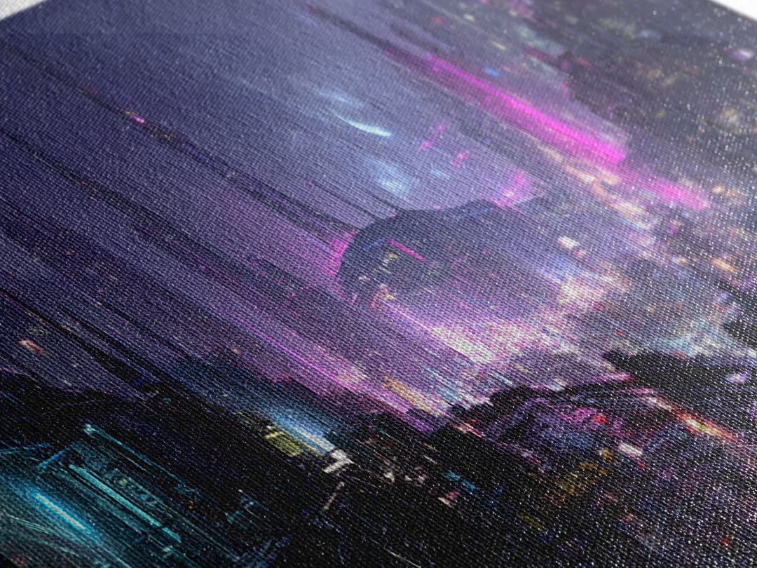 Dystopian Moon over Dense Rooftops Canvas Print, Cyberpunk Art, Canvas Wall Art, Living Room Decor, Abstract Art, Neon, CYB-3x1-34