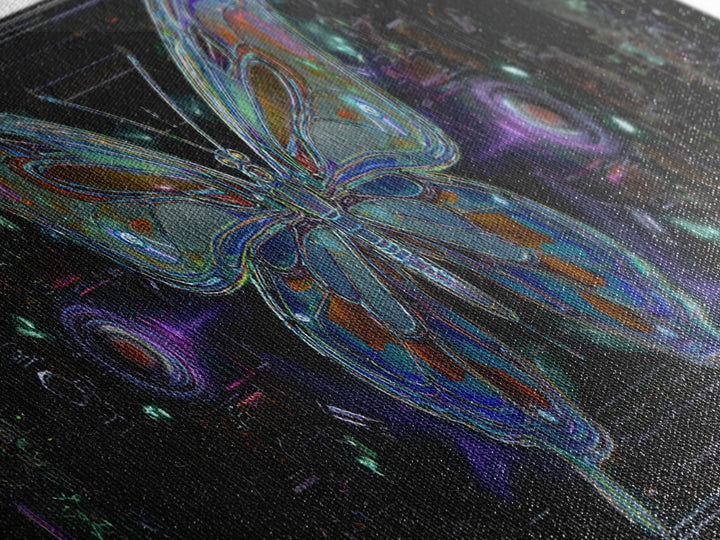 Holographic Butterfly over Black Metal Surface Canvas Print, Cyberpunk Art, Minimalist Decor, Living Room Decor, Fine Art, Neon, CYB-3x1-35