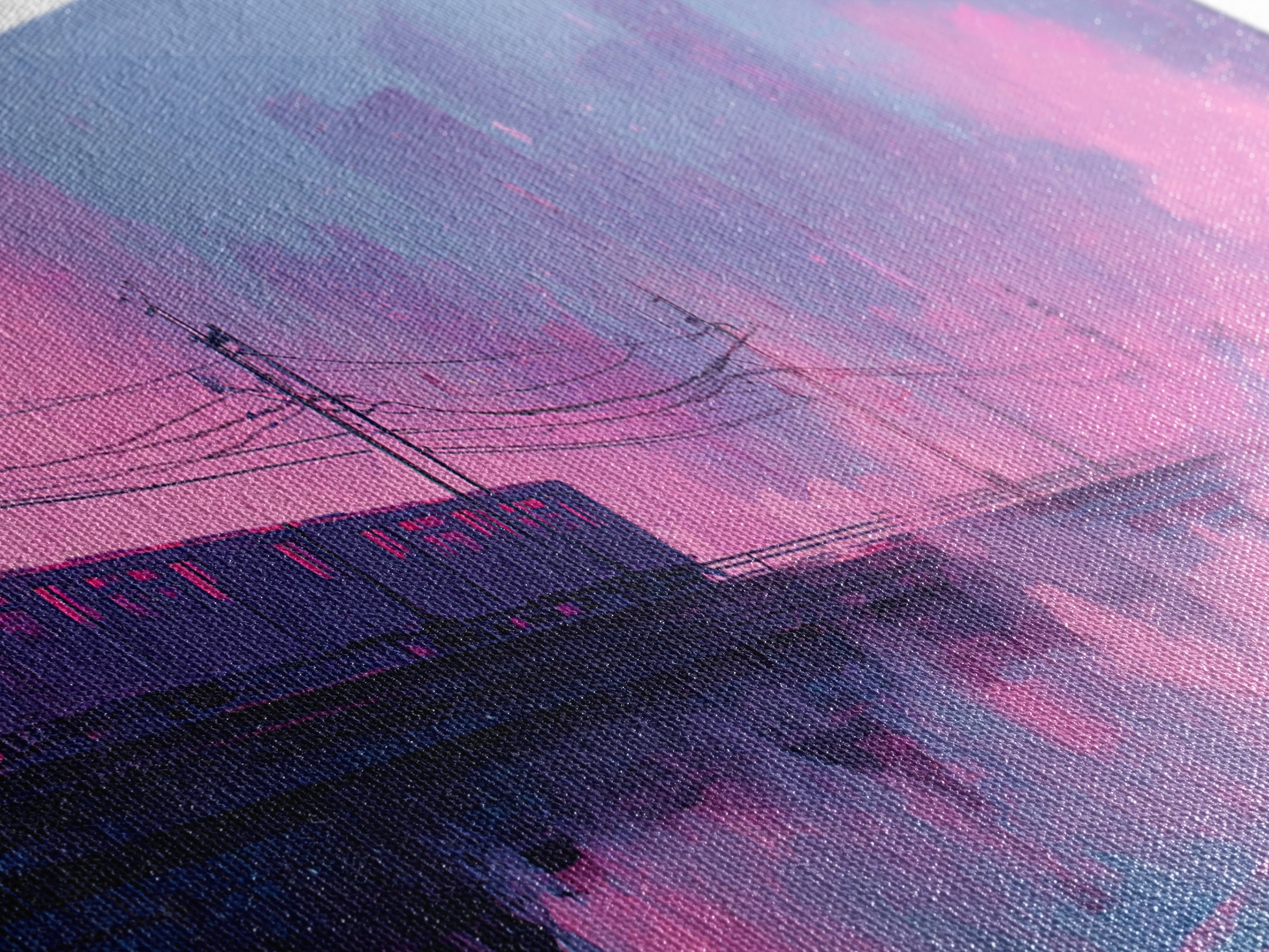 City Train Rushing Through Pink Electric Haze Framed Canvas Print, Cyberpunk Art, Japanese Art, Living Room Decor, CYB-3x1-5