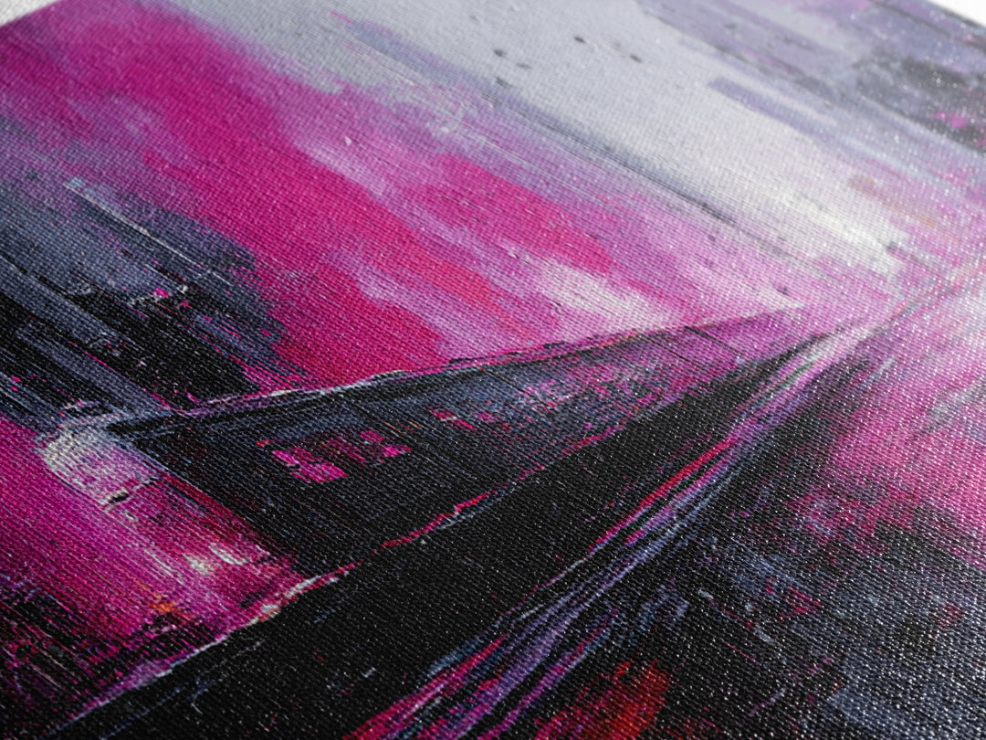 City Train Rushing Through Pink Electric Haze Framed Canvas Print, Cyberpunk Art, Minimalist Poster, Living Room Decor, Neon, CYB-3x1-53