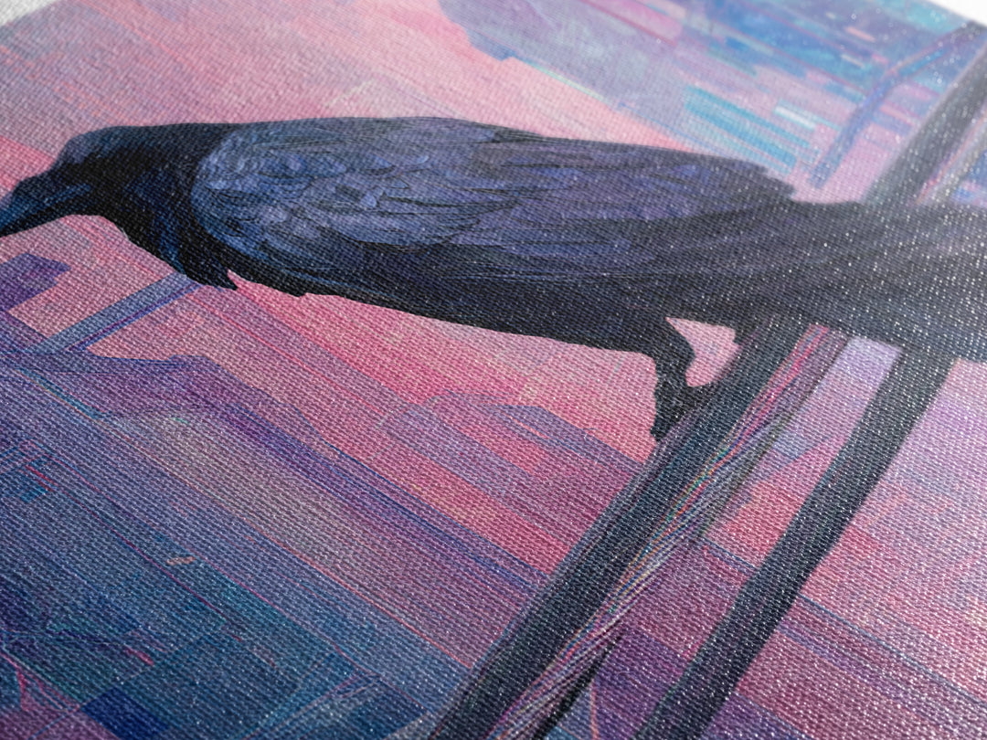 Cybernetic Raven Perched on a Cable Framed Canvas Print, Cyberpunk Art, Digital Download Art, Living Room Decor, Fine Art, Neon, CYB-3x2-15