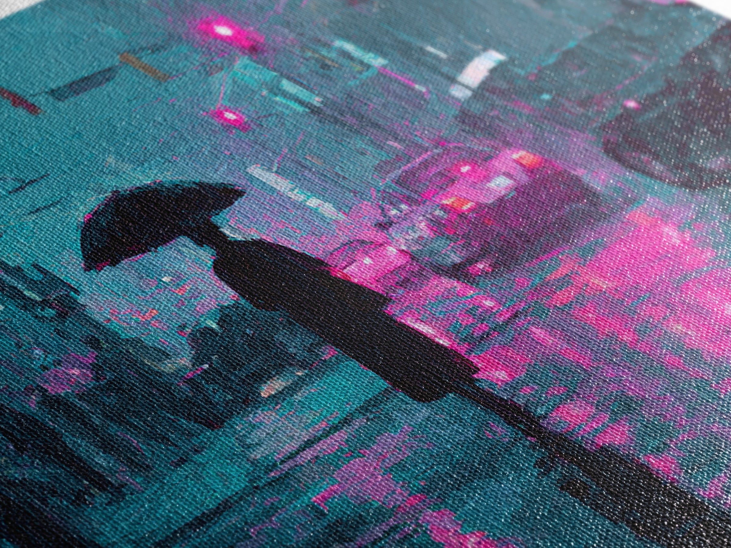 Glowing Umbrella Figure Framed Canvas Print, Cyberpunk Art, Statement Artwork, Living Room Decor, Fine Art, Neon, Art Print, CYB-3x2-19