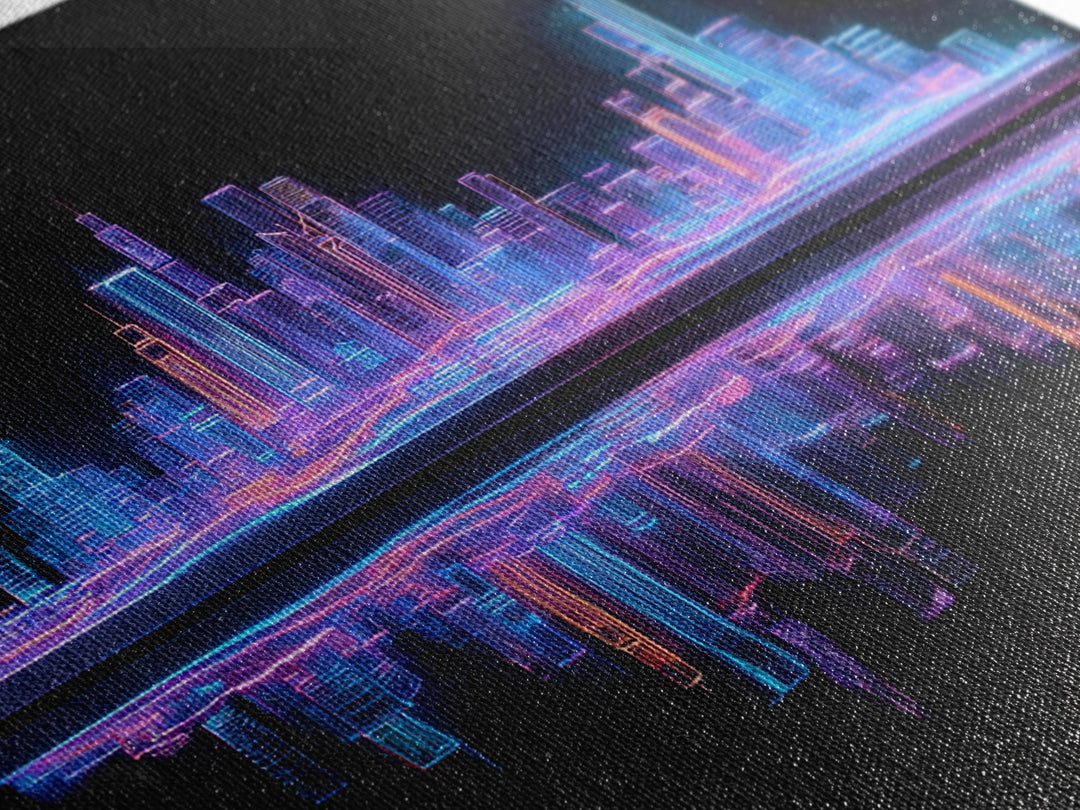Neon Skyline Reflected Framed Canvas Print, Cyberpunk Art, Gothic Decor, Living Room Decor, Abstract Art, Neon, CYB-3x2-2