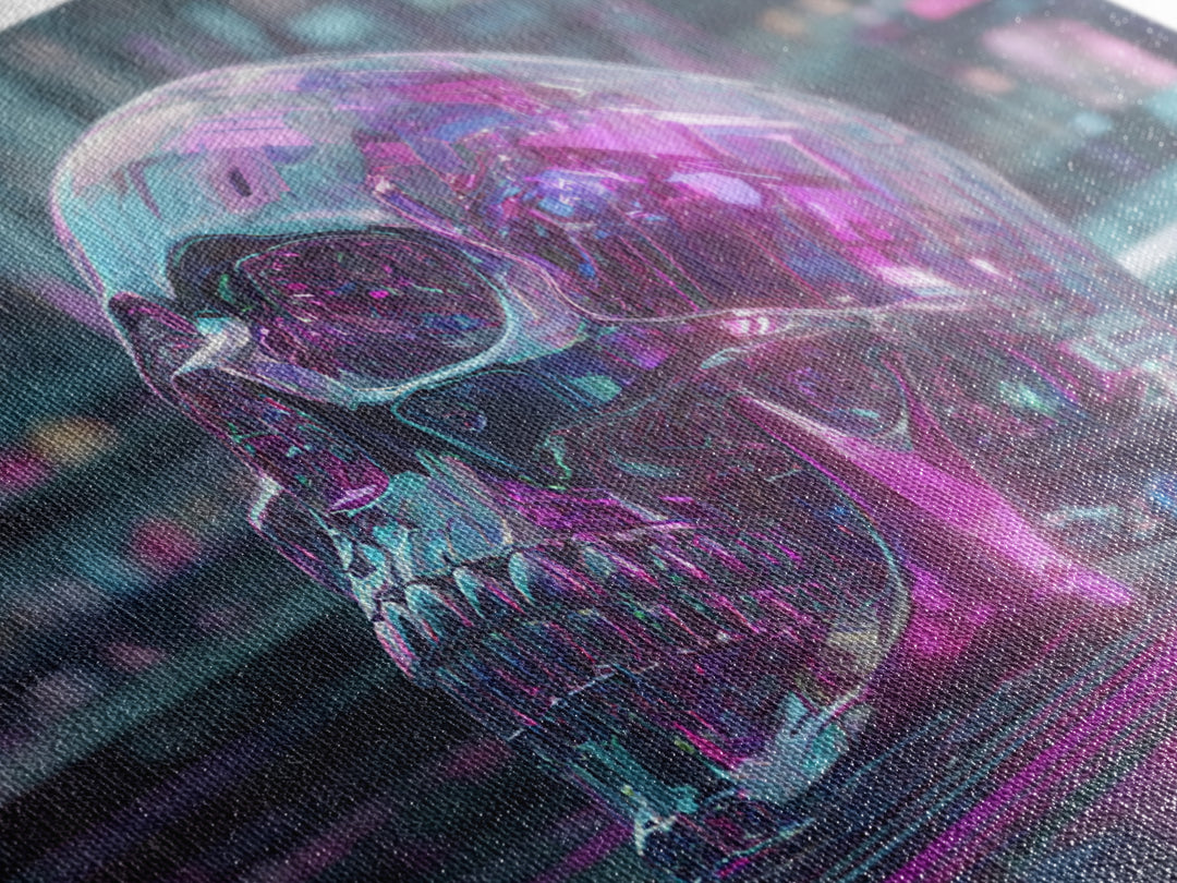 Cyberpunk Skull with Chrome and Violet Light Framed Canvas Print, Cyberpunk Art, Urban Wall Art, Living Room Decor, Neon, CYB-3x2-24