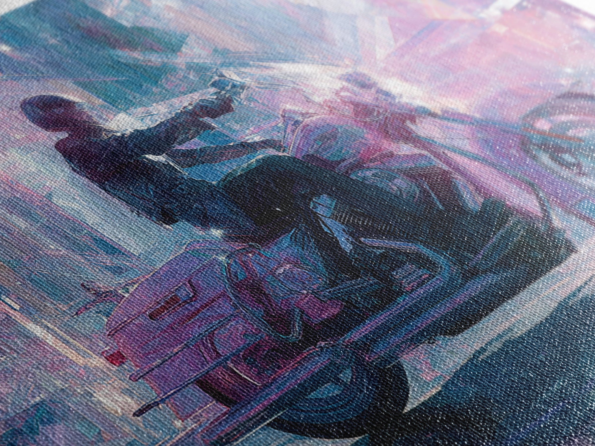 Motorcycle Rider under Holographic Signs Canvas Print, Cyberpunk Art, Room Decor, Living Room Decor, Neon 556, Cyberpunk, CYB-3x2-56